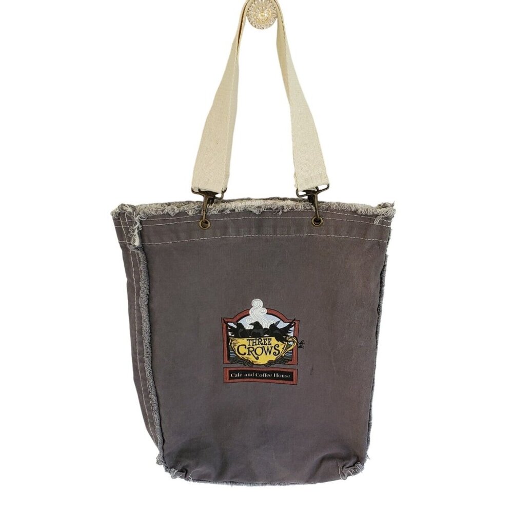 THREE CROWS Café & Coffee House MN Satchel Bag Tote Distressed Graphic Canvas